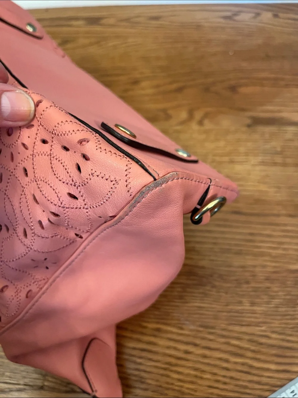 Coach Coral Pink Leather Satchel with Laser-Cut Floral Design F22488